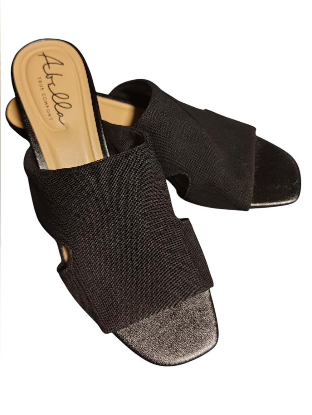 Abella True Comfort Women’s 7.5 Black Fabric Block Heel Slide Sandals